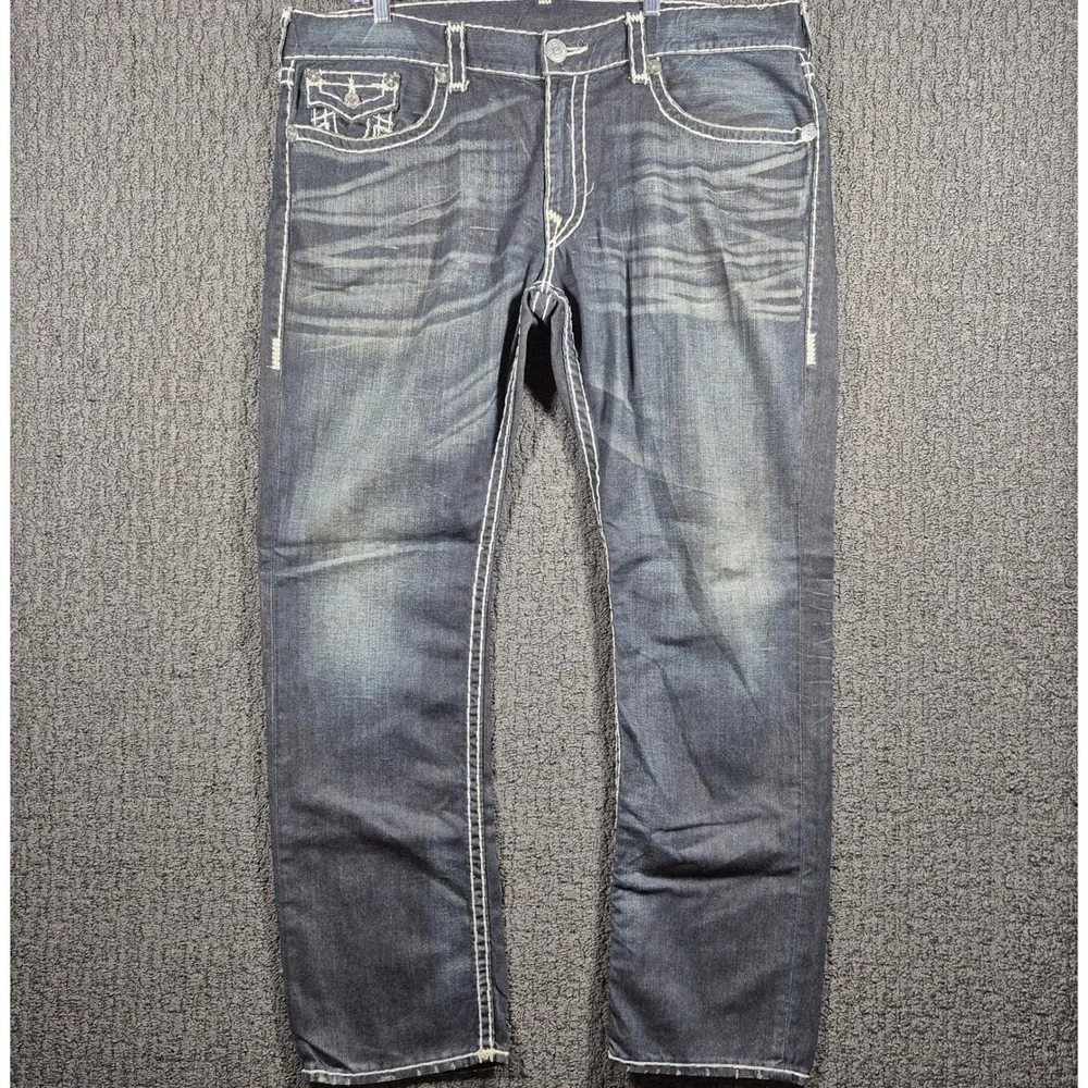 True Religion Ricky Super T Jeans Mens 42 Dark Wash Distressed Straight Leg Y2K